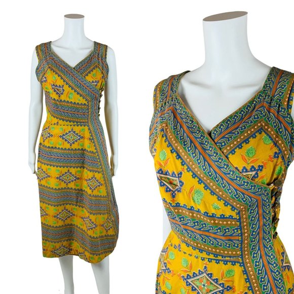 Vintage 1950s Wrap Dress Cotton Floral Mustard Yellow LoungeesW 24"